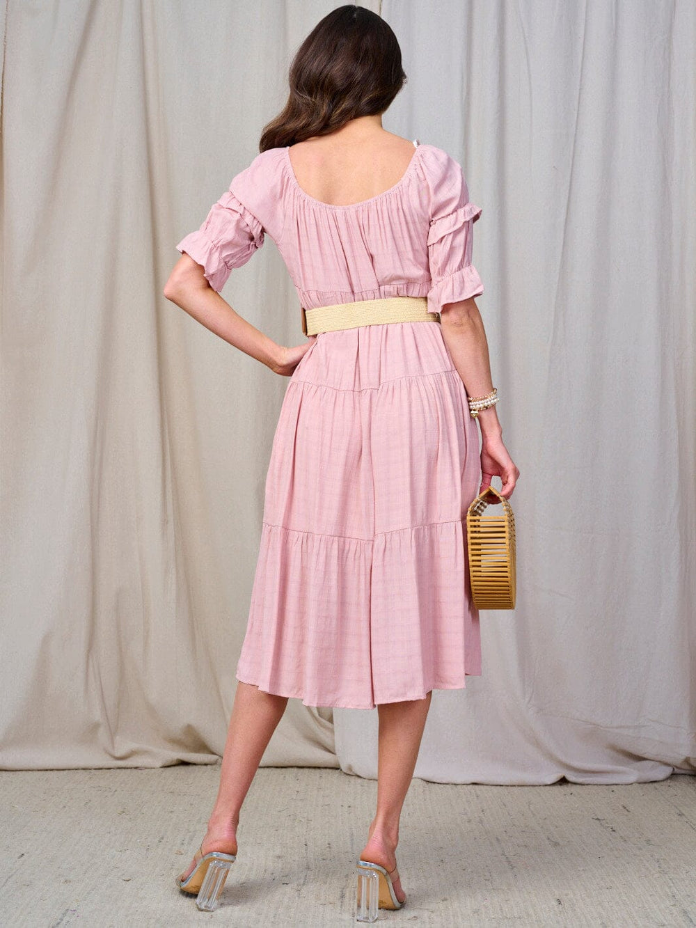 WOMEN'S SHORT SLEEVE TIERED BELTED MIDI DRESS