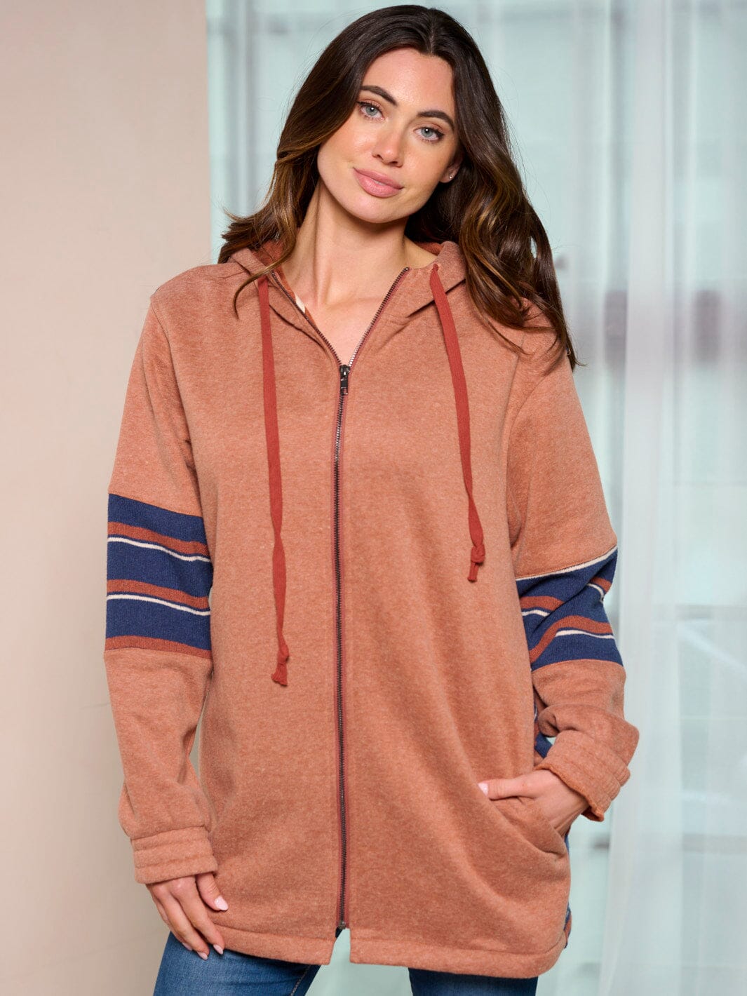 WOMEN'S LONG SLEEVE ZIP UP COLORBLOCK STRIPES SWEATER CARDIGAN