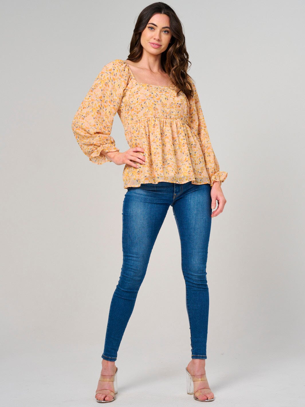 WOMEN'S LONG SLEEVE SQUARE NECK FLORAL PEPLUM BLOUSE