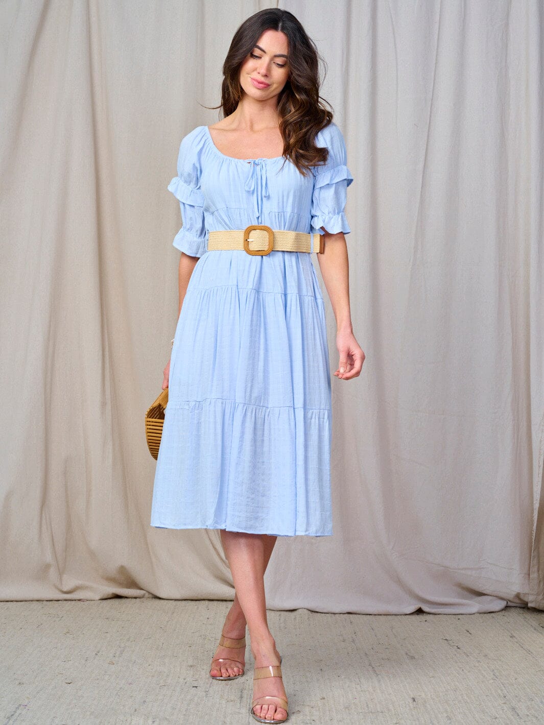 WOMEN'S SHORT SLEEVE TIERED BELTED MIDI DRESS