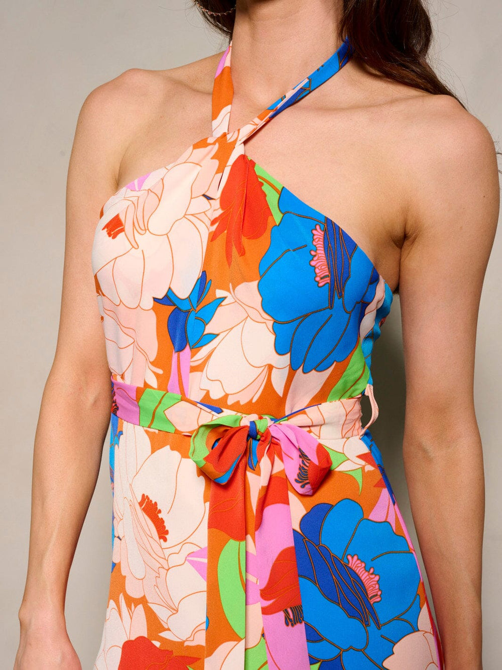 WOMEN'S SLEEVELESS HALTER NECK FLORAL MIDI DRESS