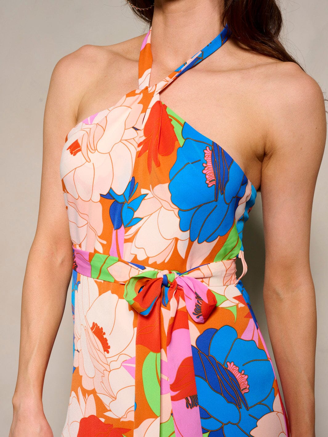 WOMEN'S SLEEVELESS HALTER NECK FLORAL MIDI DRESS