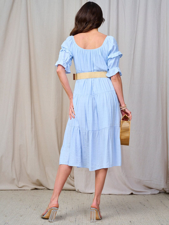 WOMEN'S SHORT SLEEVE TIERED BELTED MIDI DRESS