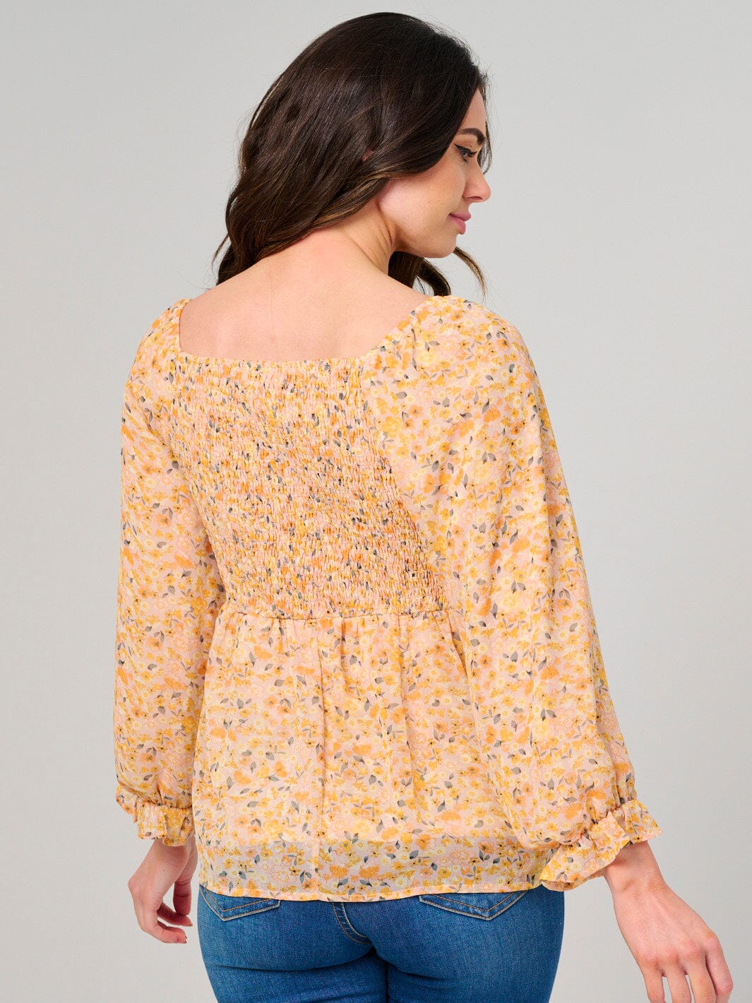WOMEN'S LONG SLEEVE SQUARE NECK FLORAL PEPLUM BLOUSE