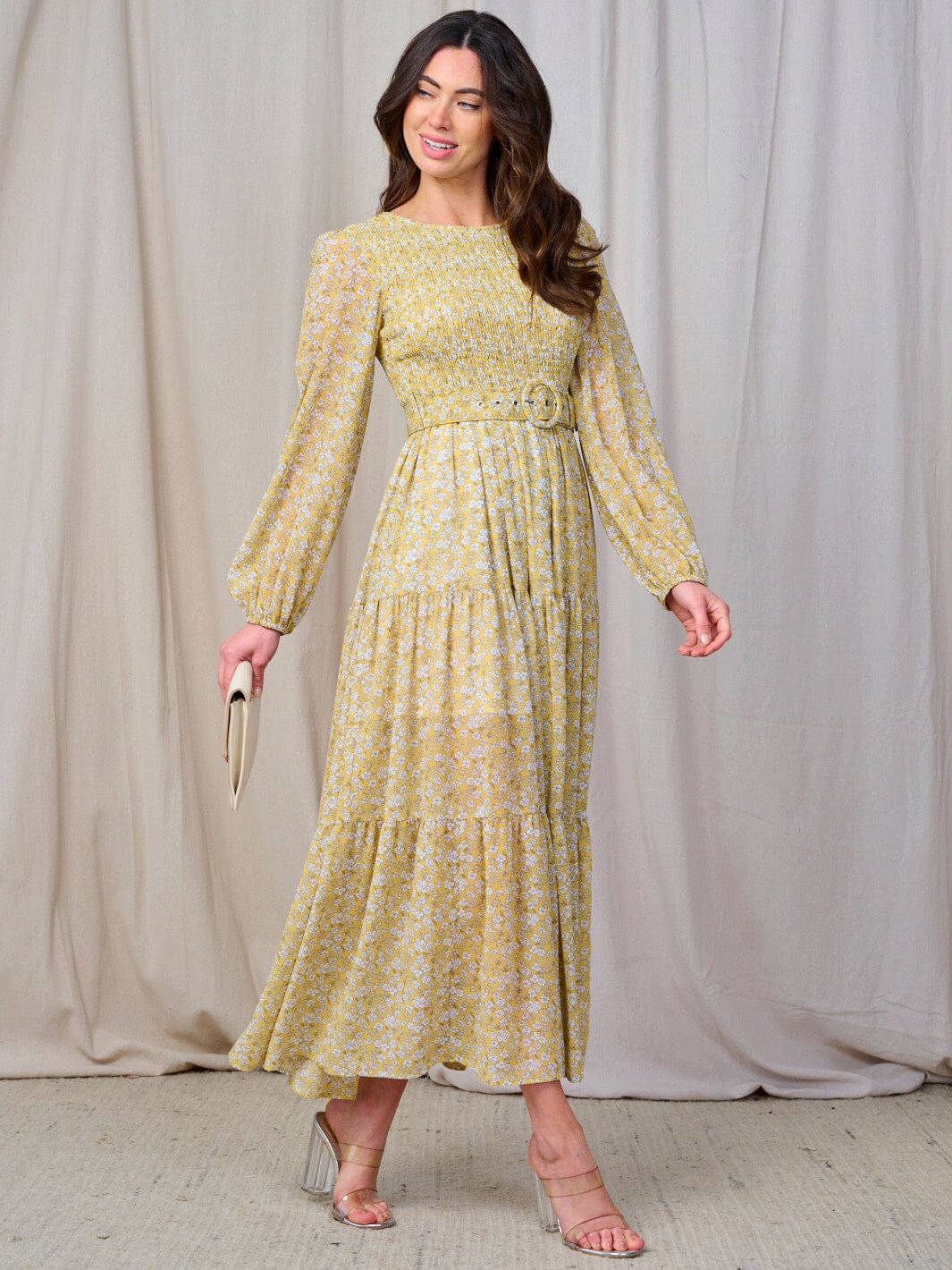 WOMEN'S LONG SLEEVE SMOCK BELTED FLORAL PRINT MAXI DRESS