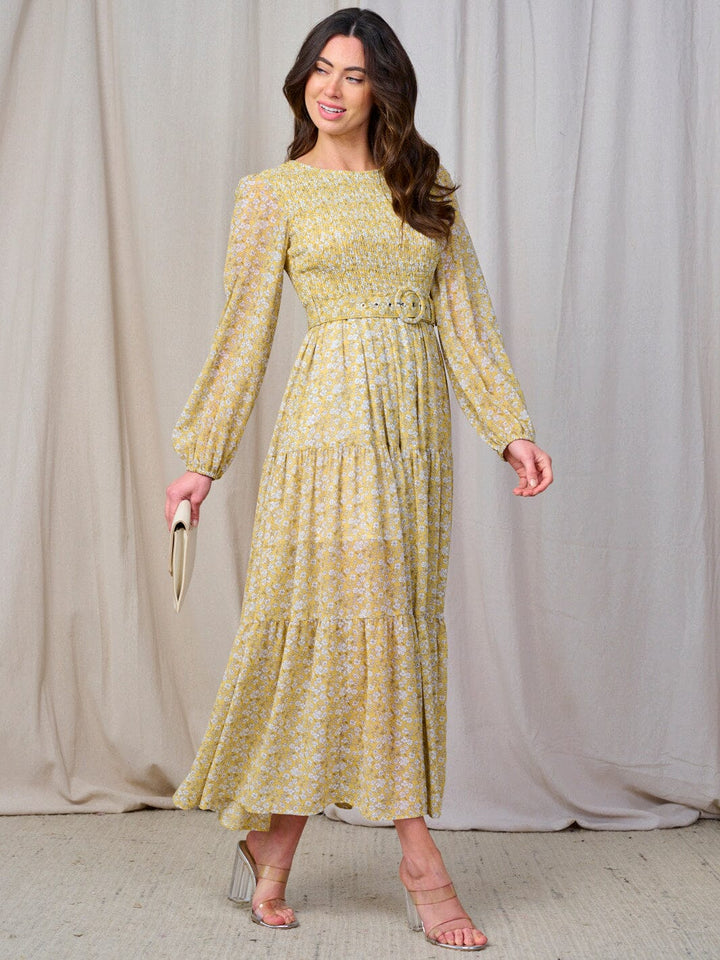 WOMEN'S LONG SLEEVE SMOCK BELTED FLORAL PRINT MAXI DRESS