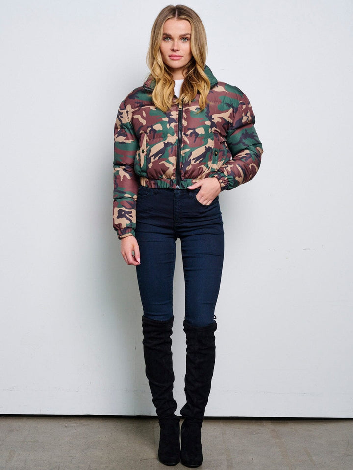 WOMEN'S LONG SLEEVE ZIP UP FRONT POCKETS PUFFER CAMO PRINT JACKET