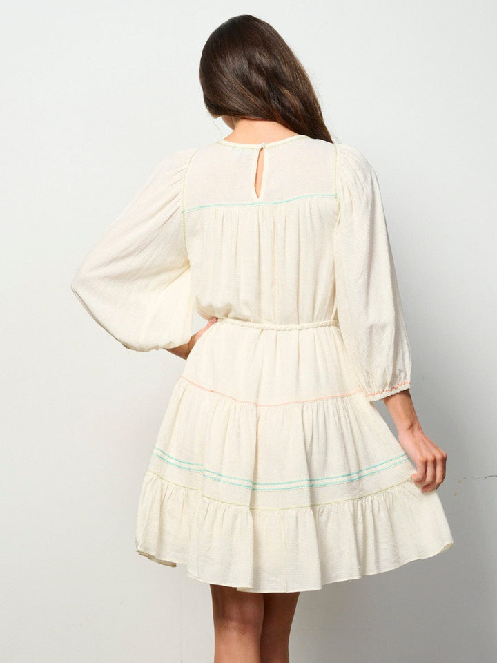 WOMEN'S LONG SLEEVE SELF TIE EMBROIDERY DETAILED TUNIC MINI DRESS