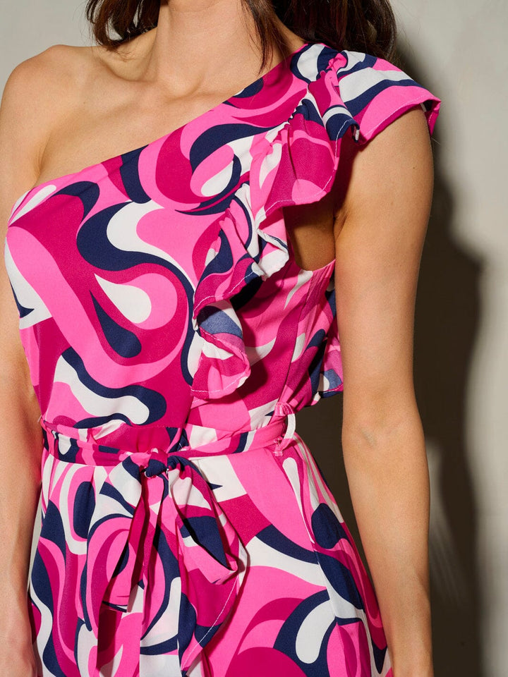 WOMEN'S ONE SHOULDER SLEEVELESS RUFFLE PRINTED MINI DRESS