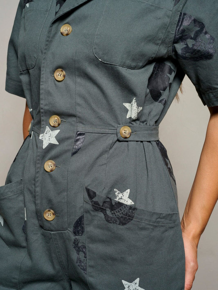 WOMEN'S SHORT SLEEVE BUTTON UP PRINTED POCKETS DENIM JUMPSUIT