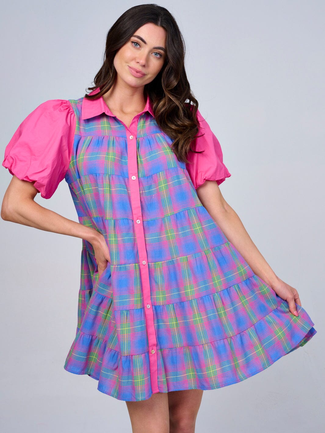 WOMEN'S SHORT PUFF SLEEVE BUTTON UP PLAID TUNIC MINI DRESS