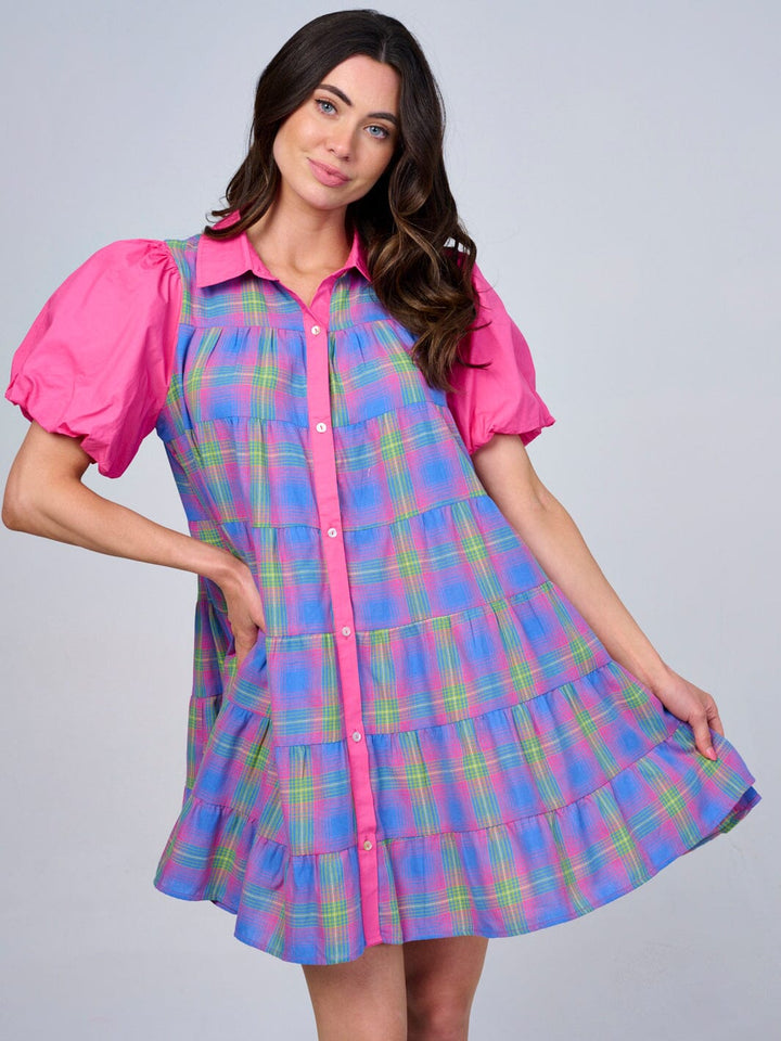 WOMEN'S SHORT PUFF SLEEVE BUTTON UP PLAID TUNIC MINI DRESS