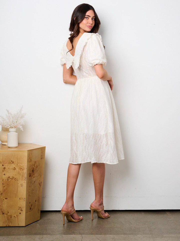 WOMEN'S SHORT PUFF SLEEVE V-NECK EYELET MIDI DRESS