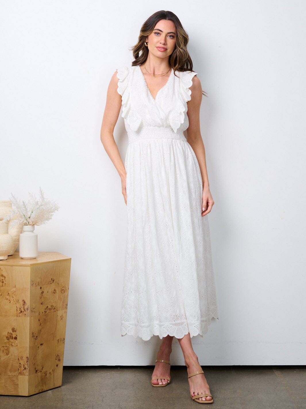 WOMEN'S SLEEVELESS V-NECK RUFFLE SMOCK WAIST EYELET MAXI DRESS