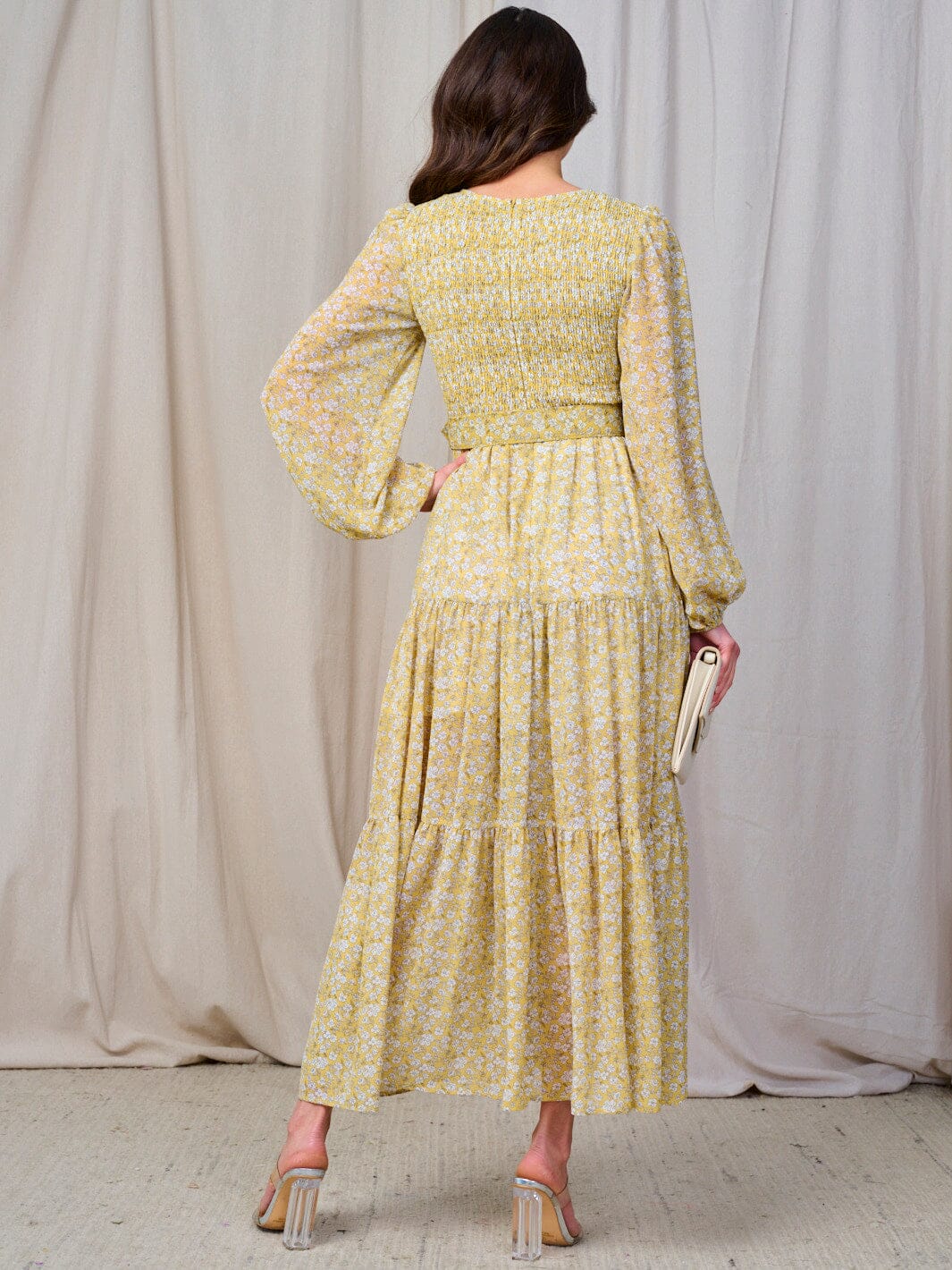 WOMEN'S LONG SLEEVE SMOCK BELTED FLORAL PRINT MAXI DRESS