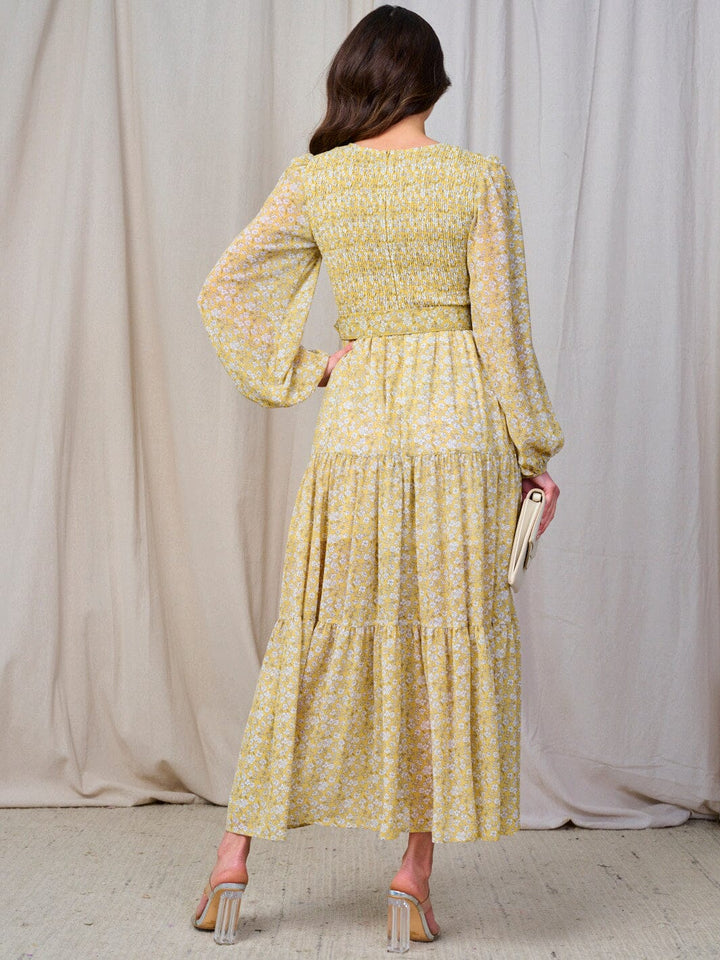 WOMEN'S LONG SLEEVE SMOCK BELTED FLORAL PRINT MAXI DRESS
