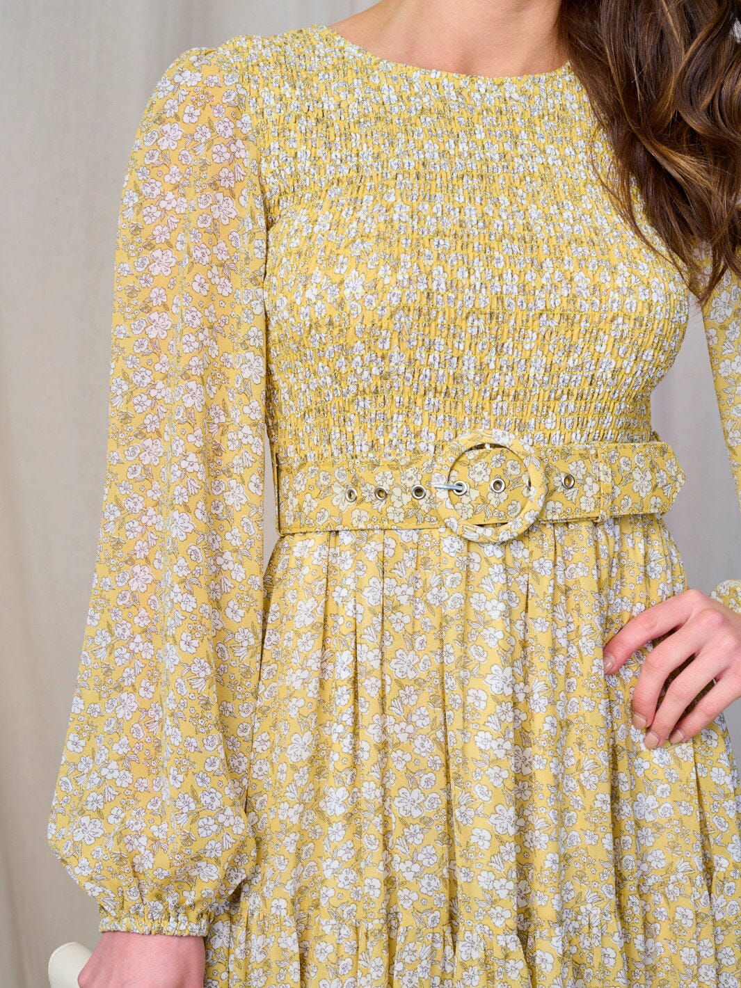 WOMEN'S LONG SLEEVE SMOCK BELTED FLORAL PRINT MAXI DRESS