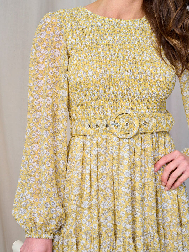 WOMEN'S LONG SLEEVE SMOCK BELTED FLORAL PRINT MAXI DRESS