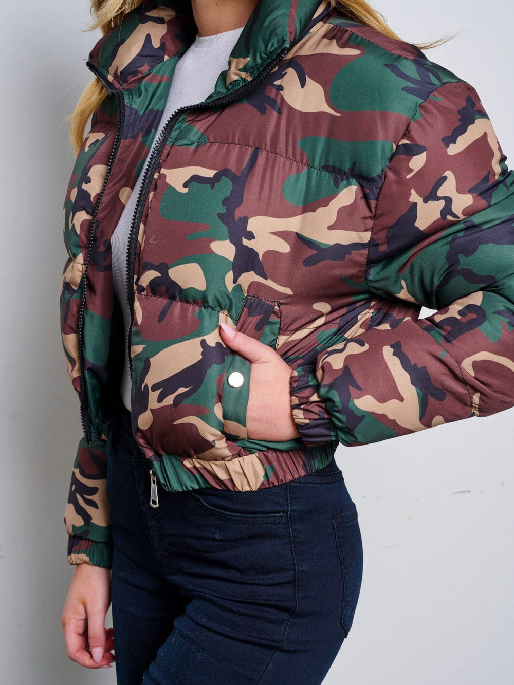 WOMEN'S LONG SLEEVE ZIP UP FRONT POCKETS PUFFER CAMO PRINT JACKET