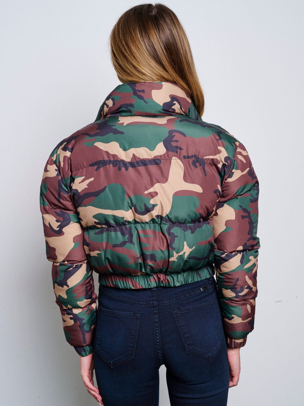 WOMEN'S LONG SLEEVE ZIP UP FRONT POCKETS PUFFER CAMO PRINT JACKET