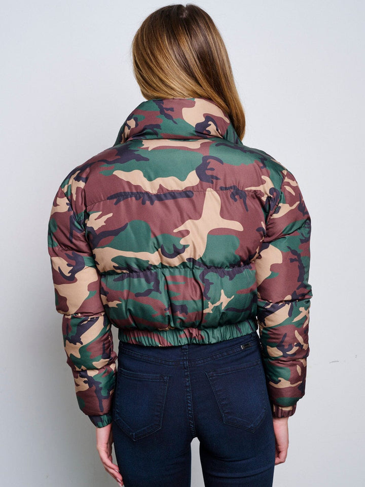 WOMEN'S LONG SLEEVE ZIP UP FRONT POCKETS PUFFER CAMO PRINT JACKET