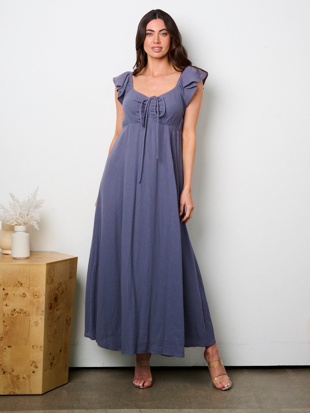 WOMEN'S SHORT RUFFLE SLEEVE SMOCK MAXI DRESS
