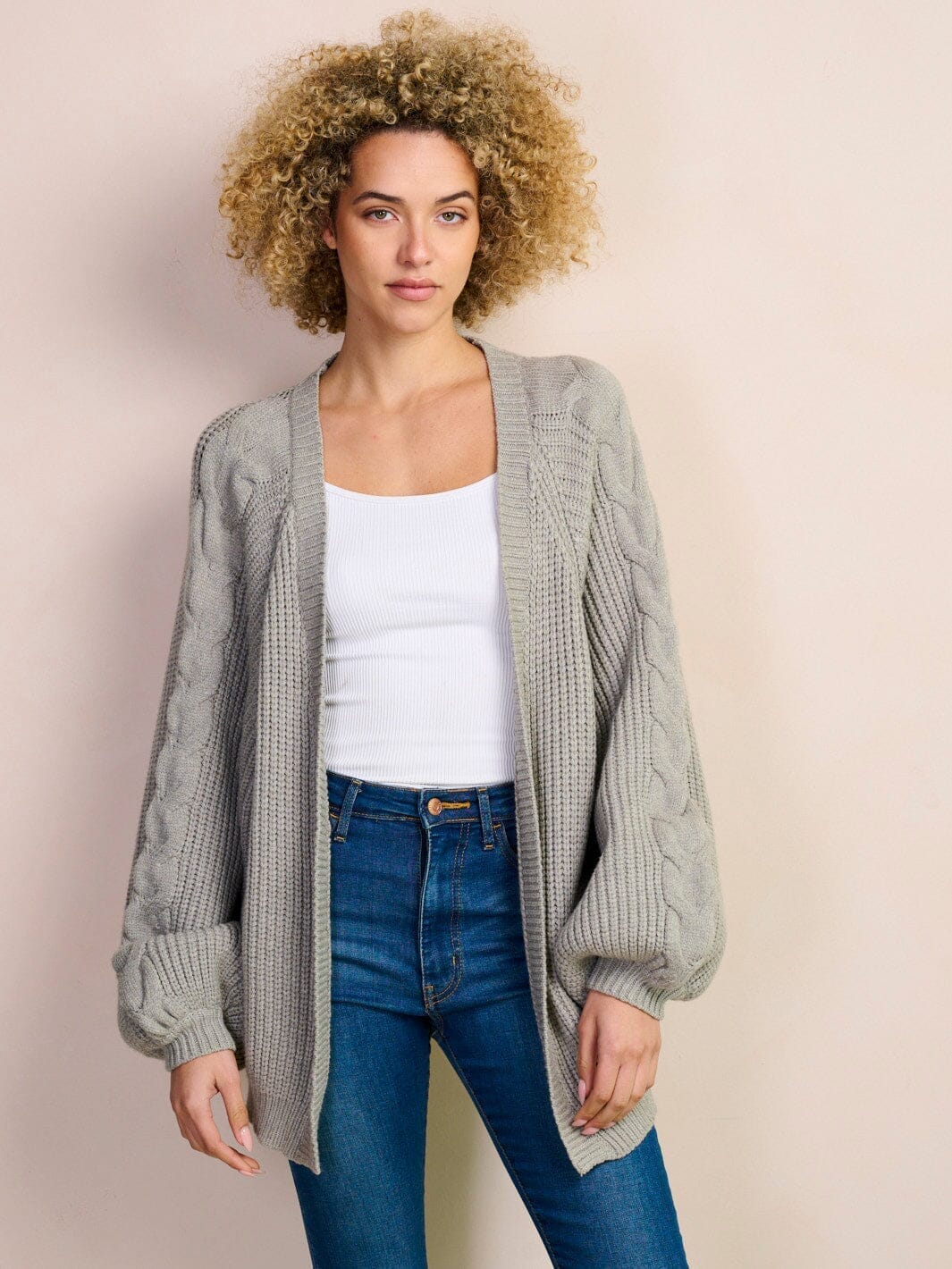 WOMEN'S LONG PUFF SLEEVE OPEN FRONT KNIT CARDIGAN