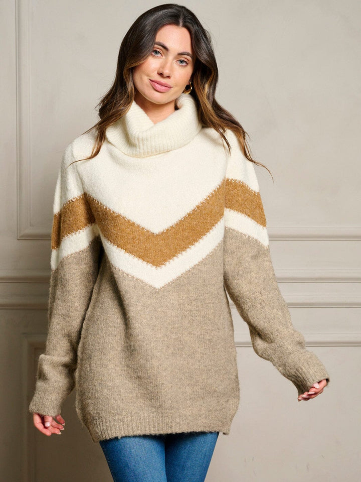 WOMEN'S LONG SLEEVE COLORBLOCK TURTLE NECK PULLOVER SWEATER