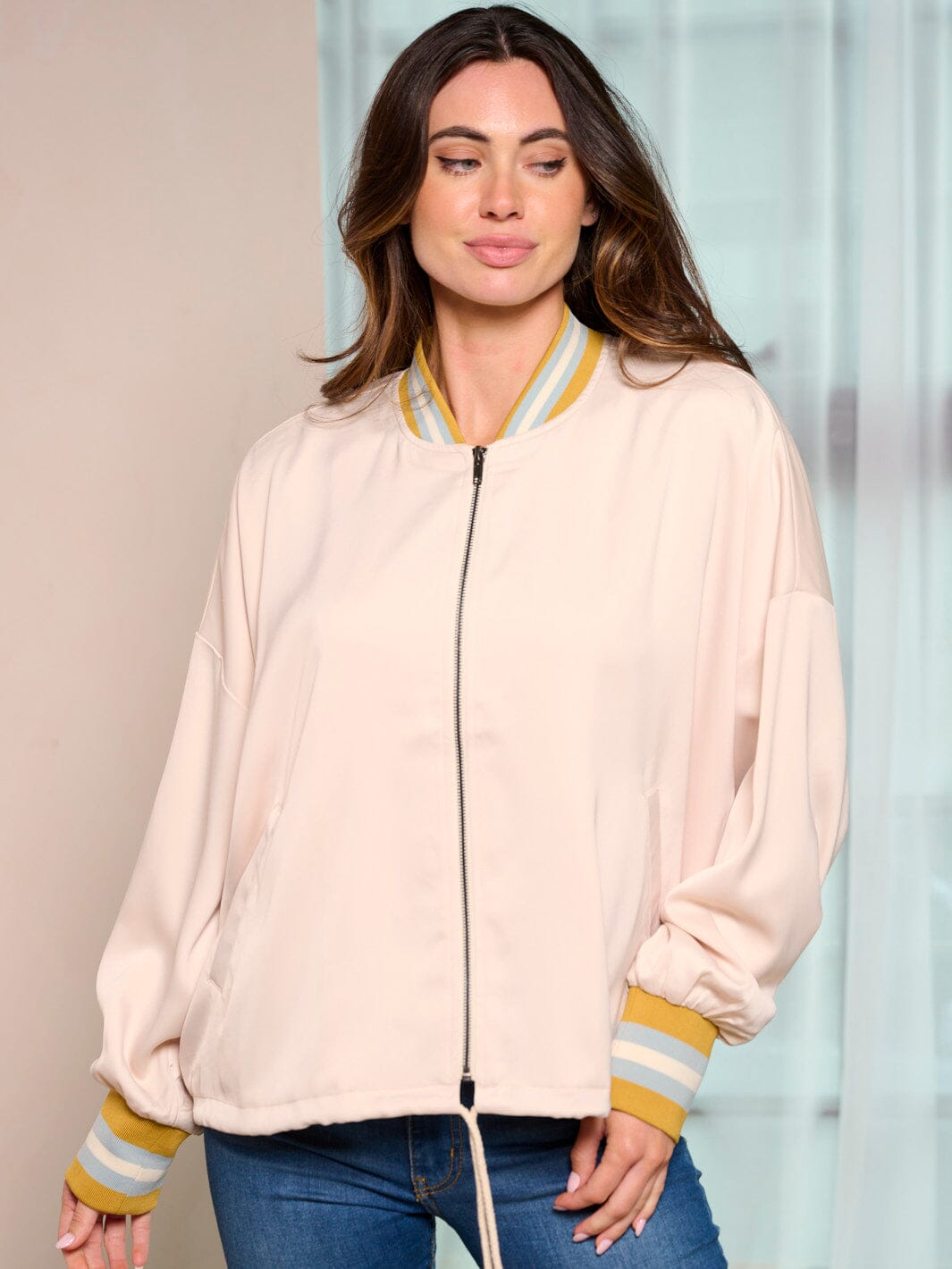 WOMEN'S LONG SLEEVE ZIP UP POCKETS COLORBLOCK STRIPES JACKET