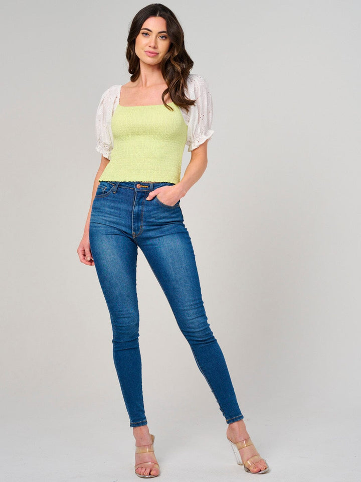WOMEN'S SHORT EYELET SLEEVE SMOCK TOP