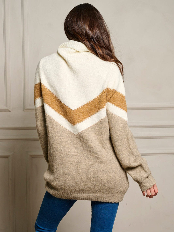 WOMEN'S LONG SLEEVE COLORBLOCK TURTLE NECK PULLOVER SWEATER