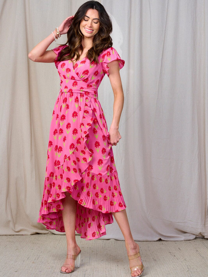 WOMEN'S SHORT SLEEVE SMOCK WAIST SURPLICE RUFFLE MAXI DRESS