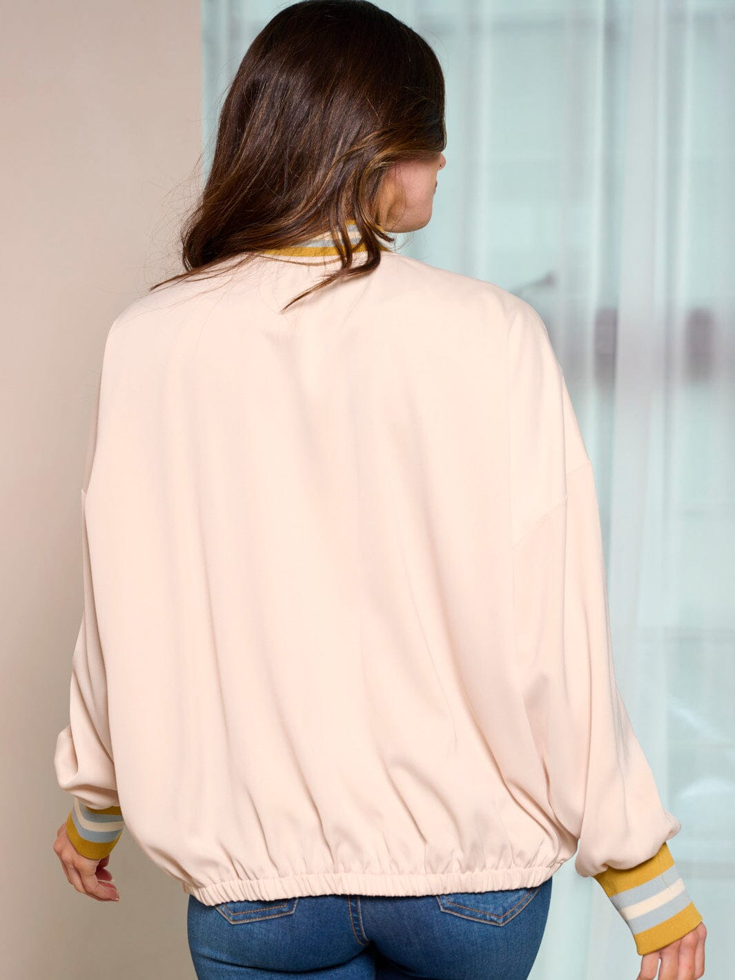 WOMEN'S LONG SLEEVE ZIP UP POCKETS COLORBLOCK STRIPES JACKET