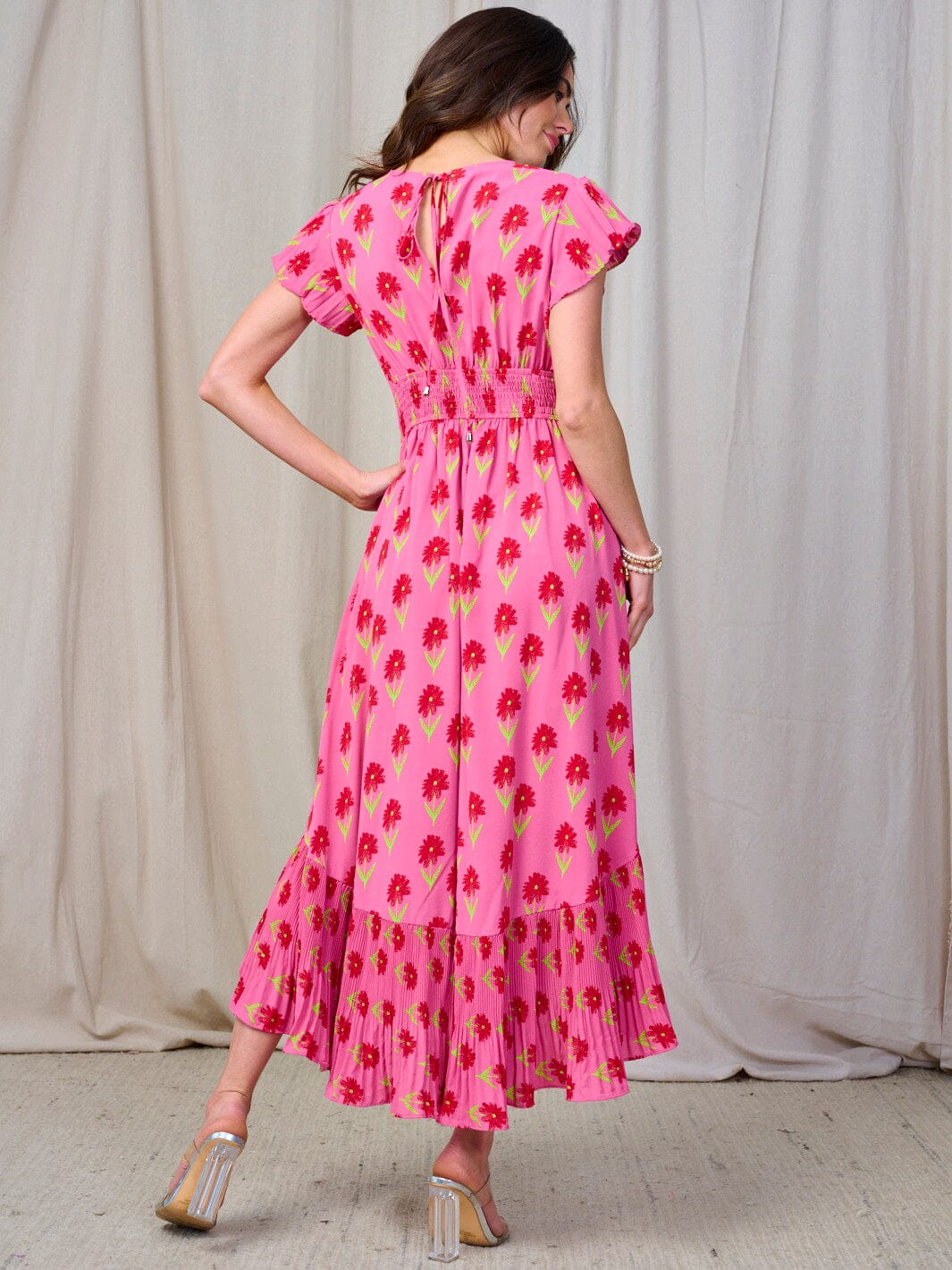 WOMEN'S SHORT SLEEVE SMOCK WAIST SURPLICE RUFFLE MAXI DRESS