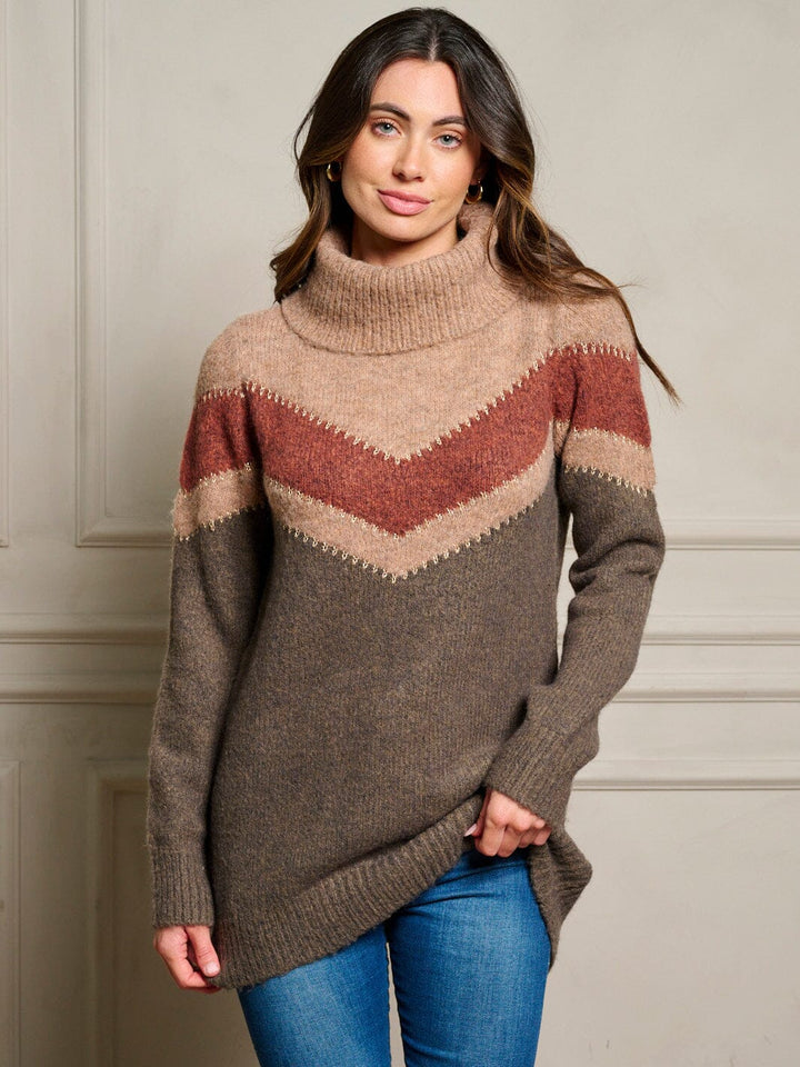 WOMEN'S LONG SLEEVE COLORBLOCK TURTLE NECK PULLOVER SWEATER