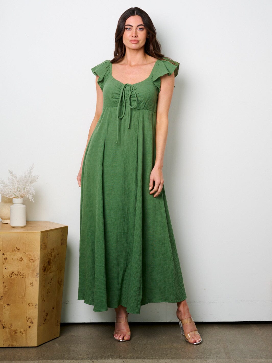 WOMEN'S SHORT RUFFLE SLEEVE SMOCK MAXI DRESS