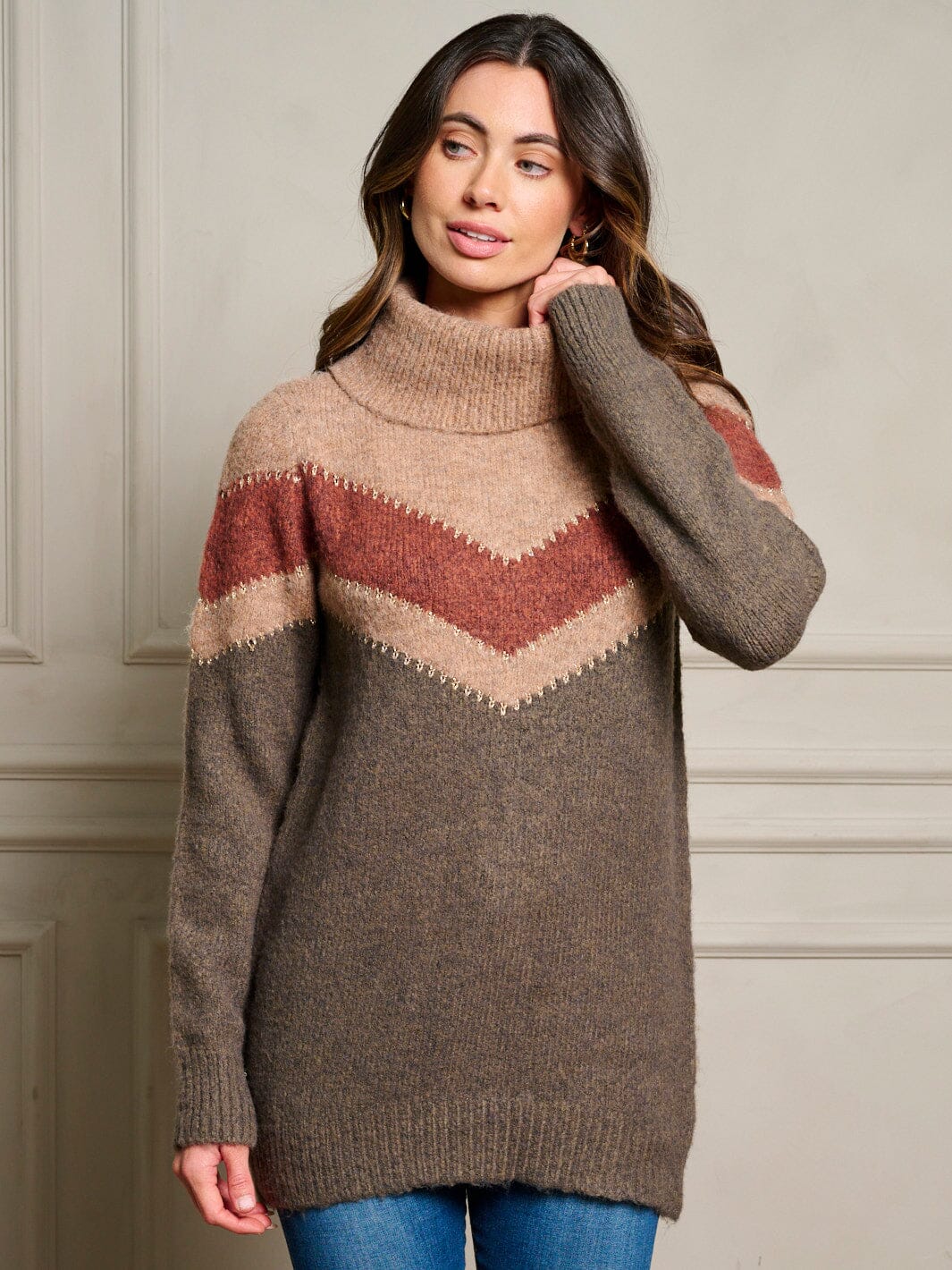WOMEN'S LONG SLEEVE COLORBLOCK TURTLE NECK PULLOVER SWEATER