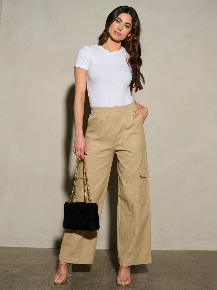 WOMEN'S ELASTIC WAIST CARGO POCKETS WIDE LEG PANTS
