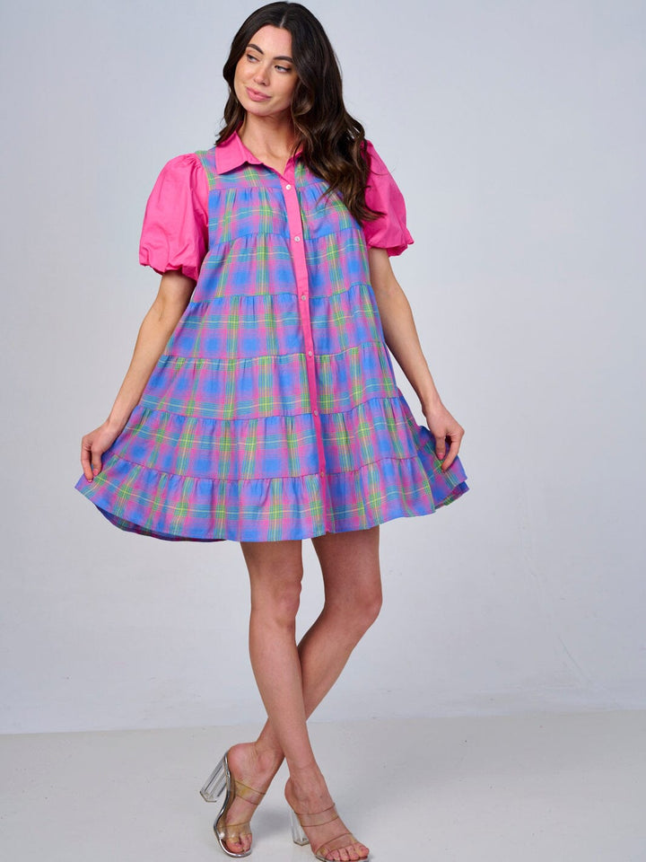 WOMEN'S SHORT PUFF SLEEVE BUTTON UP PLAID TUNIC MINI DRESS