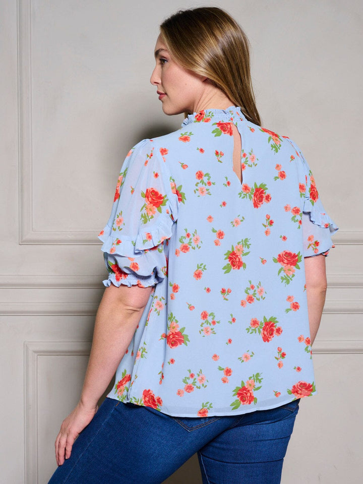 PLUS SIZE SHORT RUFFLE SLEEVE MOCK NECK FLORAL BLOUSE TOP
