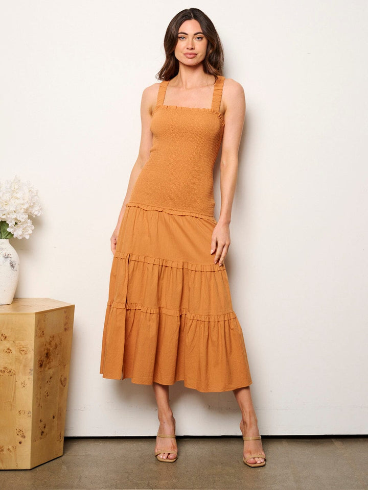 WOMEN'S SLEEVELESS SMOCK TIERED MIDI DRESS