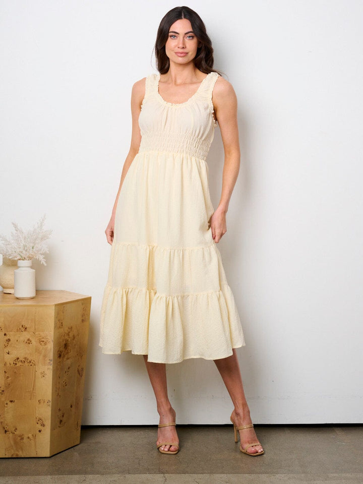 WOMEN'S SLEEVELESS SMOCK TIERED MIDI DRESS