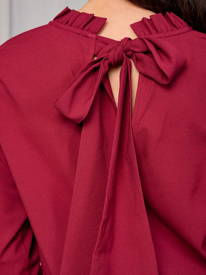 WOMEN'S LONG SLEEVE MOCK NECK BACK TIE BLOUSE