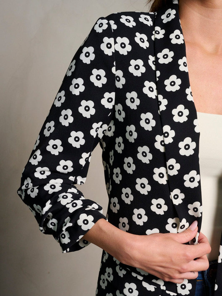 WOMEN'S 3/4 RUCHED SLEEVES OPEN FRONT FLORAL PRINT BLAZER