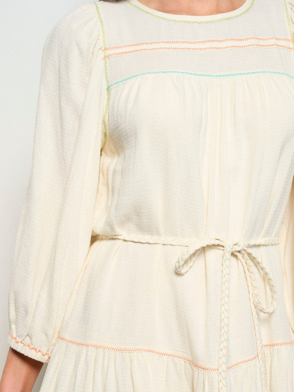 WOMEN'S LONG SLEEVE SELF TIE EMBROIDERY DETAILED TUNIC MINI DRESS