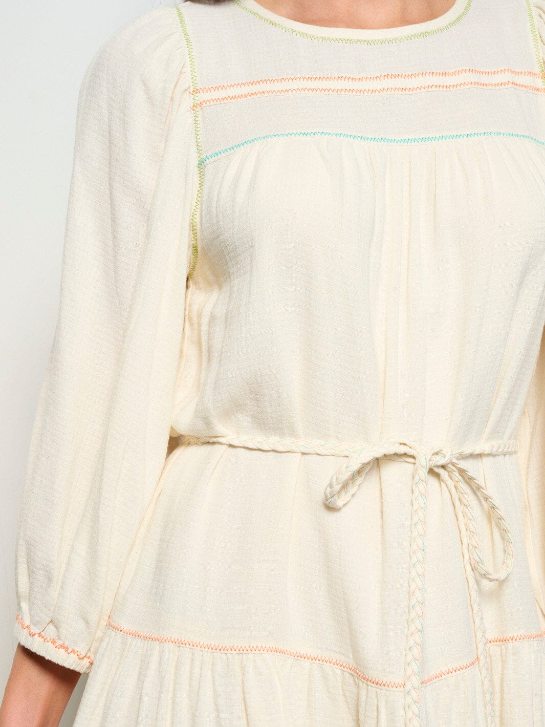 WOMEN'S LONG SLEEVE SELF TIE EMBROIDERY DETAILED TUNIC MINI DRESS