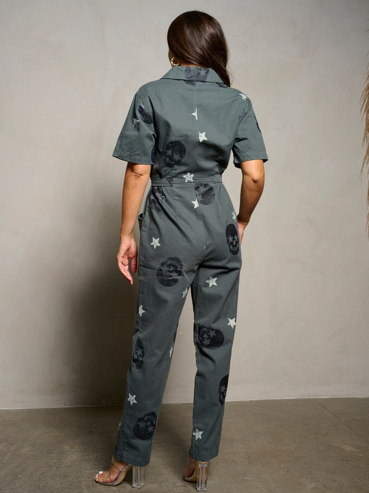 WOMEN'S SHORT SLEEVE BUTTON UP PRINTED POCKETS DENIM JUMPSUIT