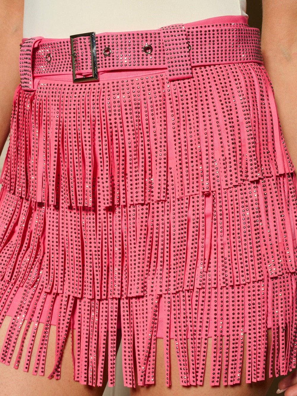 WOMEN'S SEQUIN FRINGE BELTED MINI SKIRT