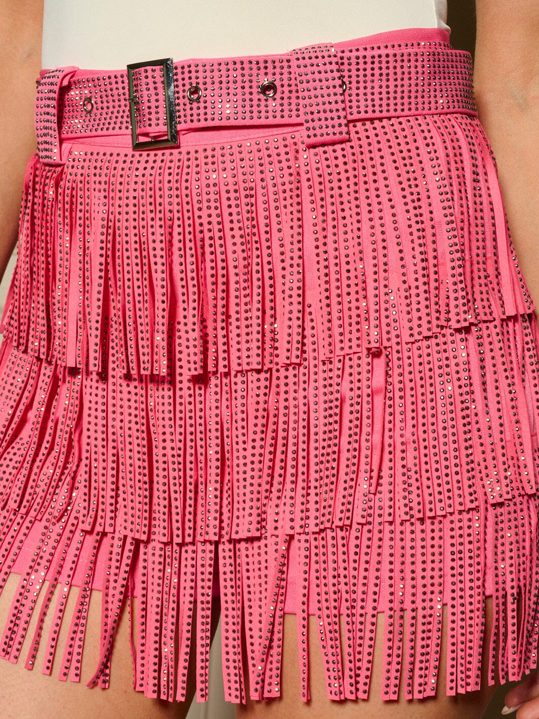 WOMEN'S SEQUIN FRINGE BELTED MINI SKIRT
