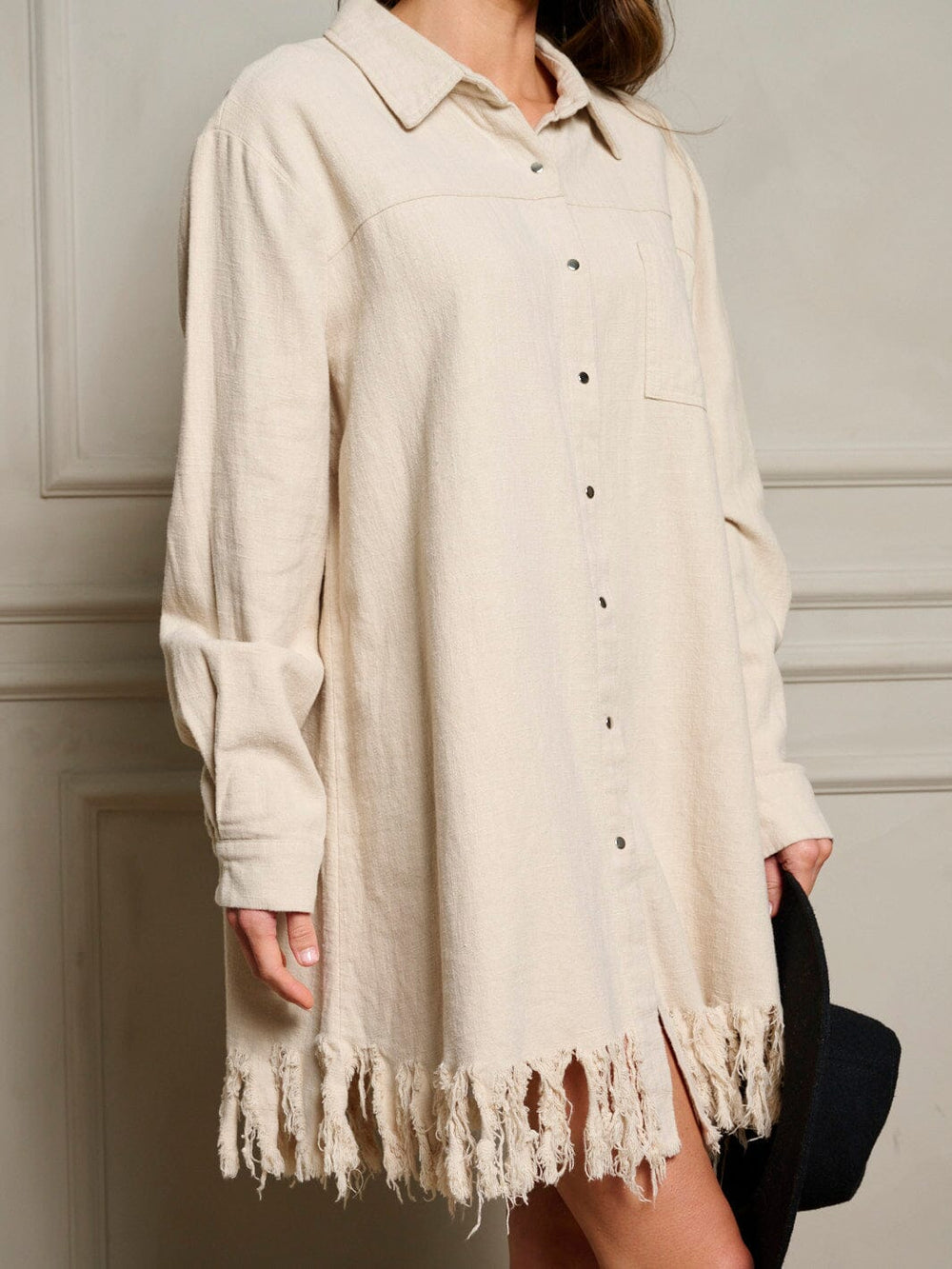 WOMEN'S LONG SLEEVE BUTTON UP FRONT POCKET TASSEL TRIM MINI DRESS